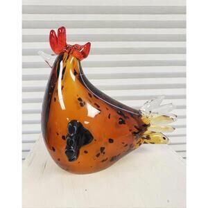 Vintage Murano Style Hand Blown Art Glass Rooster Figurine Amber Black Red 5"